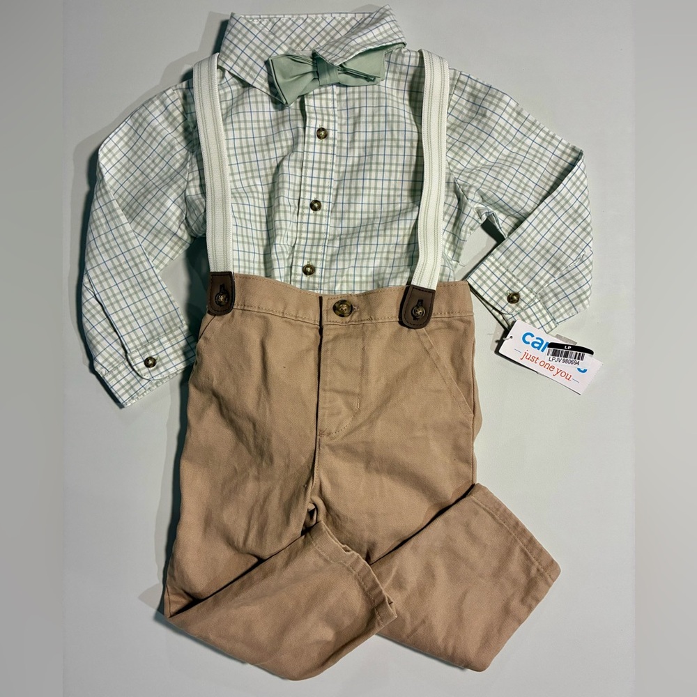 Carter's Green Checked Button Down Onesie & Khaki Pants